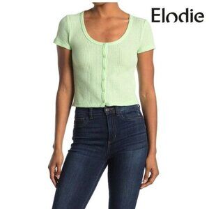 Women's Casual‎ Summer Crop Top Short Sleeve Waffle Knit Button-Up Top by elodie